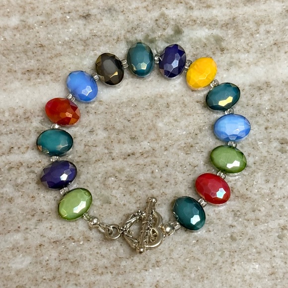Multicolor Electroplated Flat Oval Glass Beaded Bracelet - Picture 3 of 3